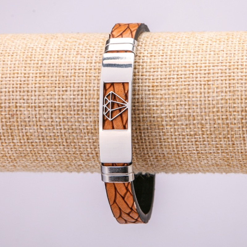 Bracelet with metal inserts, 21cm length, 10mm thickness, brown eco-leather, with clasp