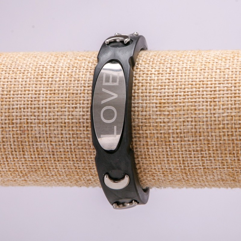 Bracelet with Metal Inserts, Length 21cm, 15mm Thick, Black Rubber with Clasp
