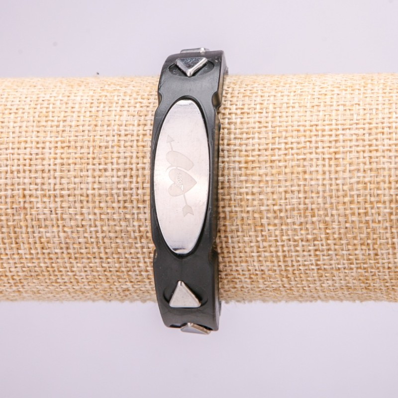 Bracelet with Metal Inserts, Length 21cm, 15mm Thick, Black Rubber with Clasp