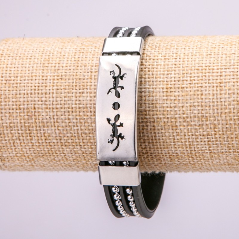 Bracelet with Metal Inserts, Length 21cm, 15mm Thick, Black Rubber with Clasp
