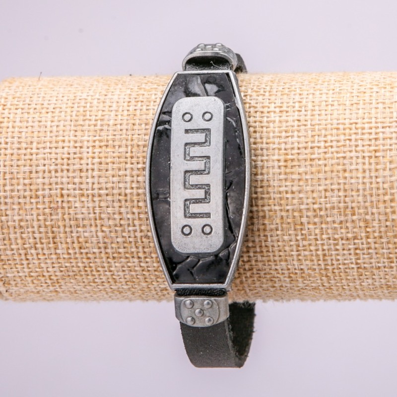 Bracelet with Metal Inserts, Length 21cm, 20mm Thick, Black Eco Leather with Clasp