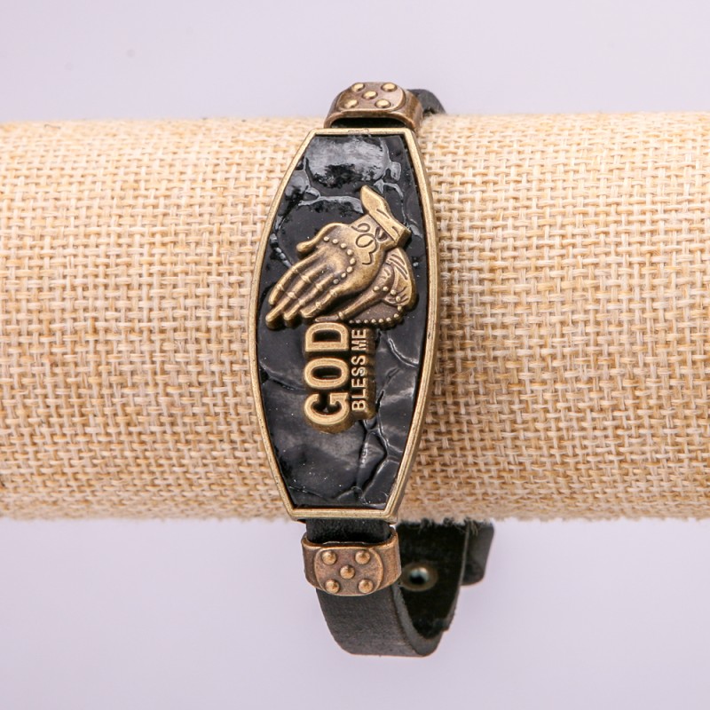 Bracelet with Metal Inserts, Length 16-24cm, 20mm Thick, Black Eco Leather on Strap