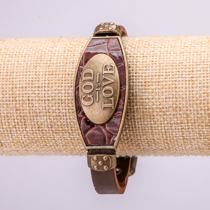 Bracelet with Metal Inserts, Length 16-24cm, 20mm Thick, Brown Eco Leather on Strap