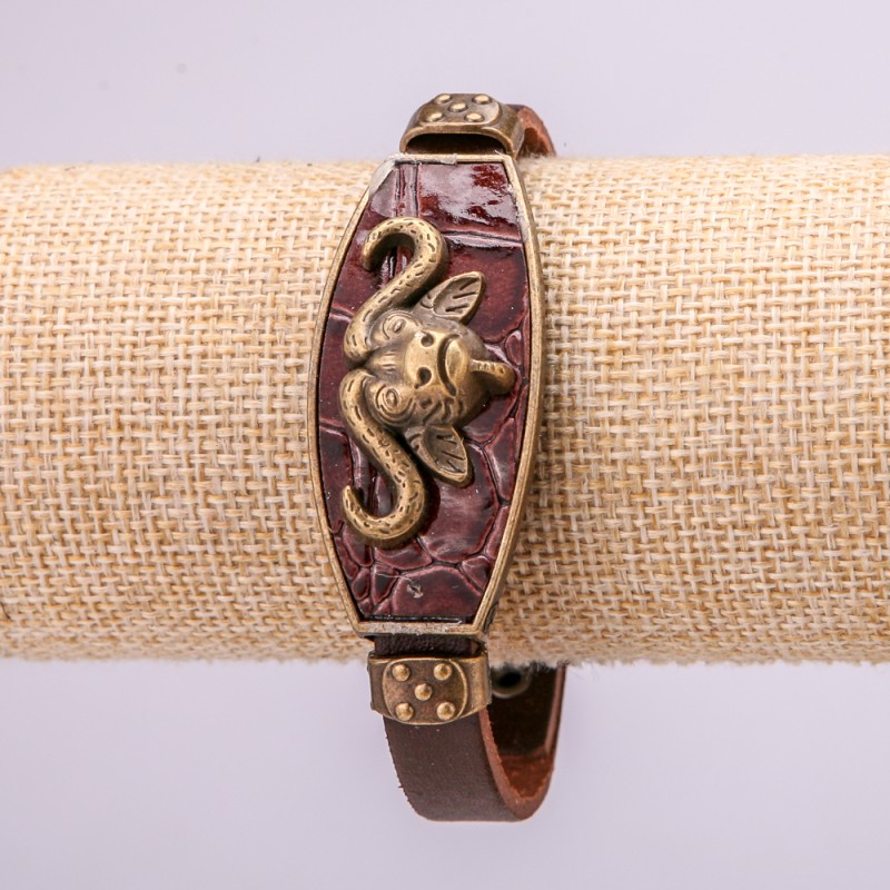 Bracelet with Metal Inserts, Length 16-24cm, 20mm Thick, Brown Eco Leather on Strap