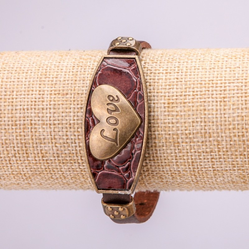 LOVE Bracelet with Metal Inserts, Length 16-24cm, 20mm Thick, Brown Eco Leather on Strap