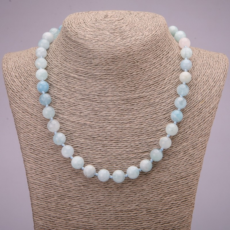 Natural Aquamarine Stone Necklace, Smooth Round Beads, 10(+-)mm Diameter, 45cm Length