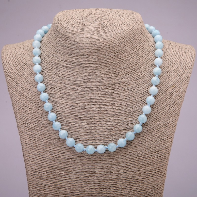 Natural Aquamarine Necklace, Smooth Round Beads, Diameter 8(+/-) mm, Length 45 cm