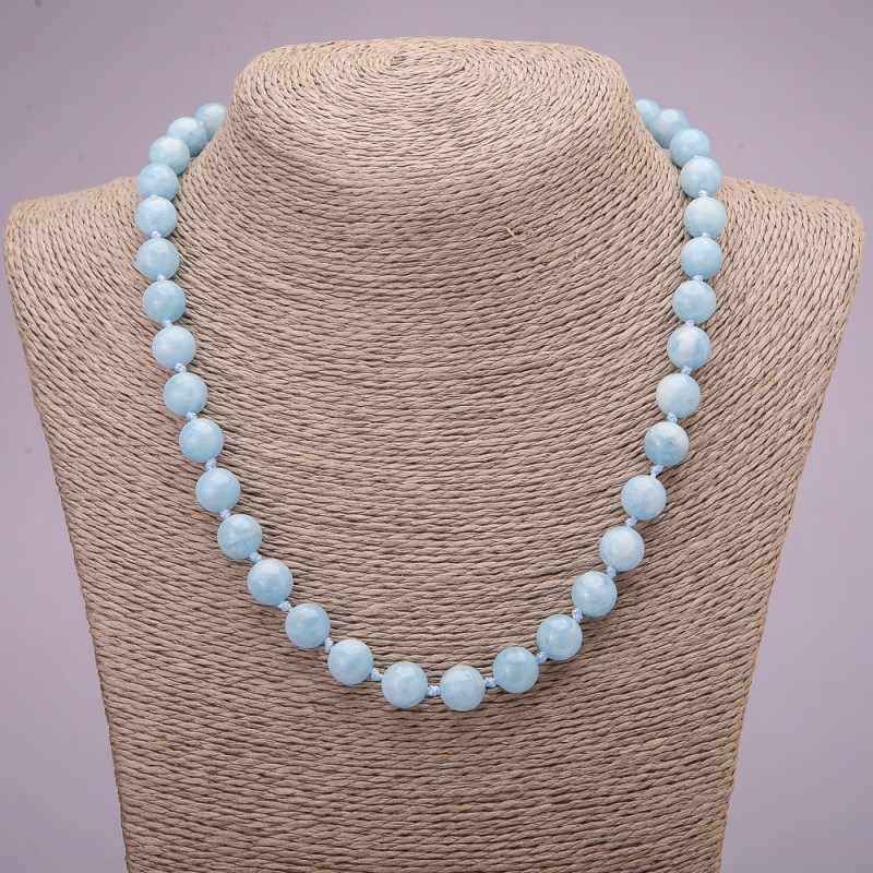 Aquamarine Natural Stone Necklace, Smooth Round Beads, Diameter 10(+/-)mm, Length 45cm