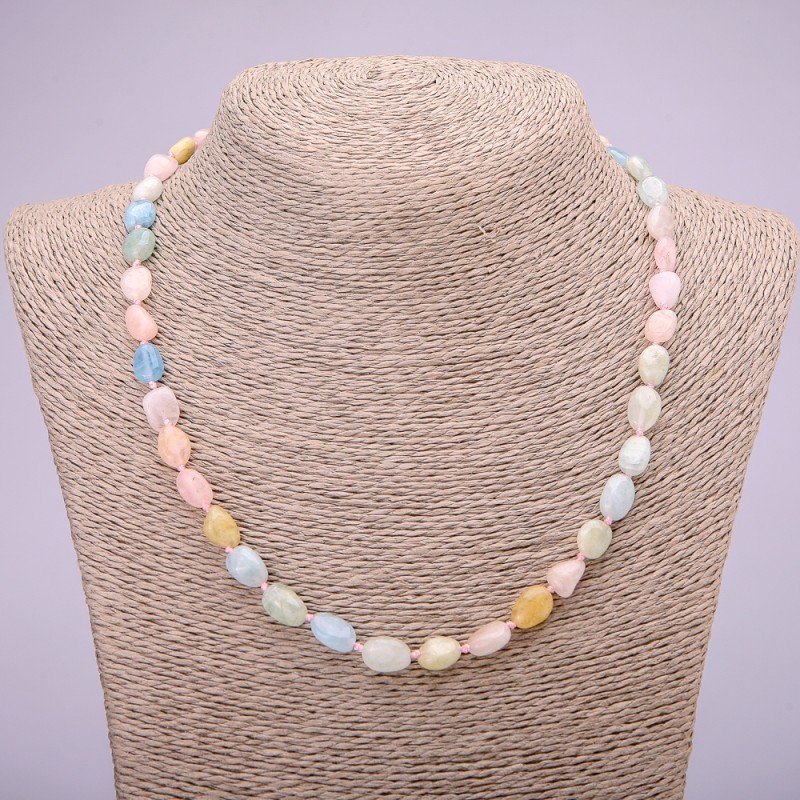 Necklace Natural Stone Morganite Tumbled, diameter 7x9(+-)mm, length 48cm