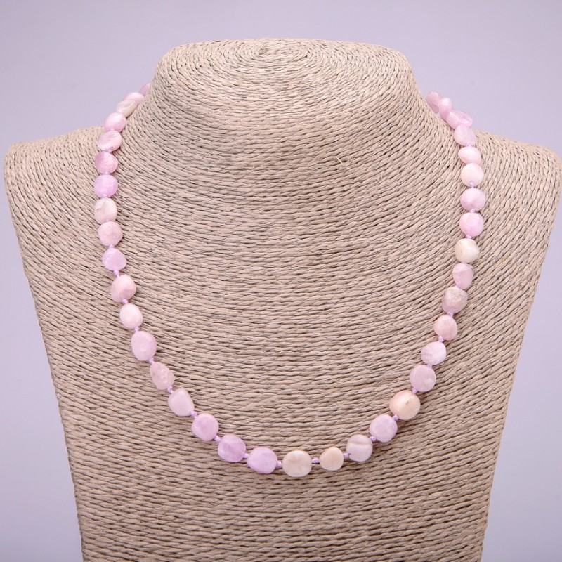 Necklace Natural Stone Kunzite Tumbled, diameter 9x10(+-)mm, length 46-49cm+