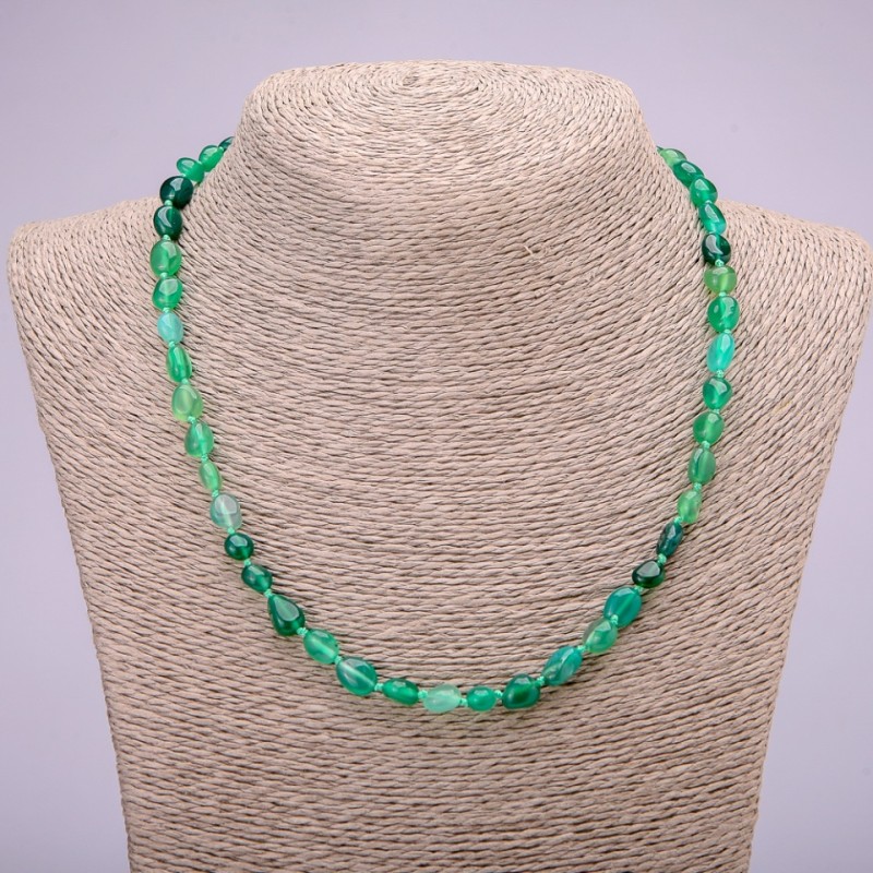 Necklace Natural Stone Green Agate Tumbled, diameter 7x9(+-)mm, length 48cm