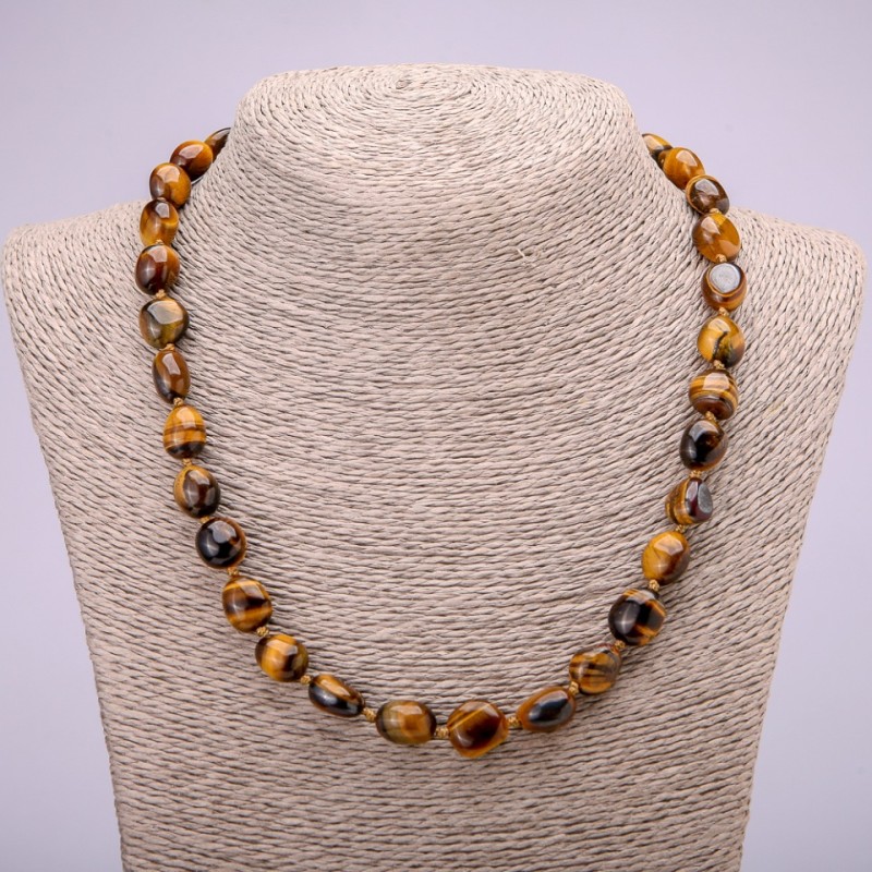 Necklace Natural Stone Tiger's Eye Tumbled, diameter 10x12(+-)mm, length 48cm
