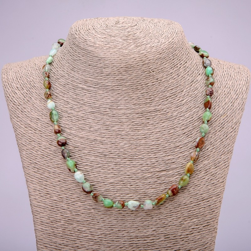 Necklace Natural Stone Chrysoprase Tumbled, diameter 7x9(+-)mm, length 48cm