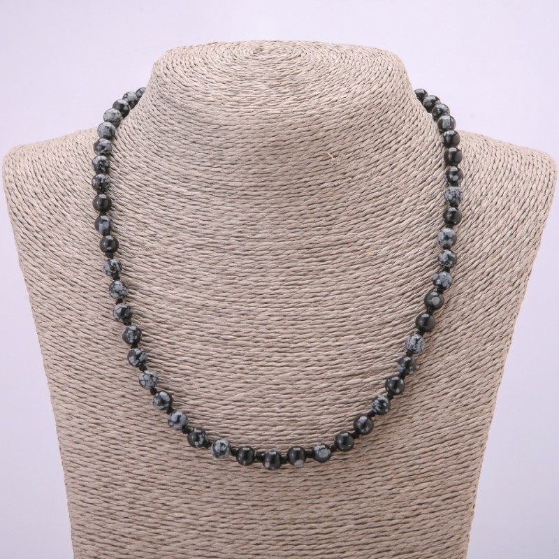 Natural Stone Necklace Snowflake Obsidian Apache Tears Smooth Bead, Diameter 6(+/-)mm, Length 48cm