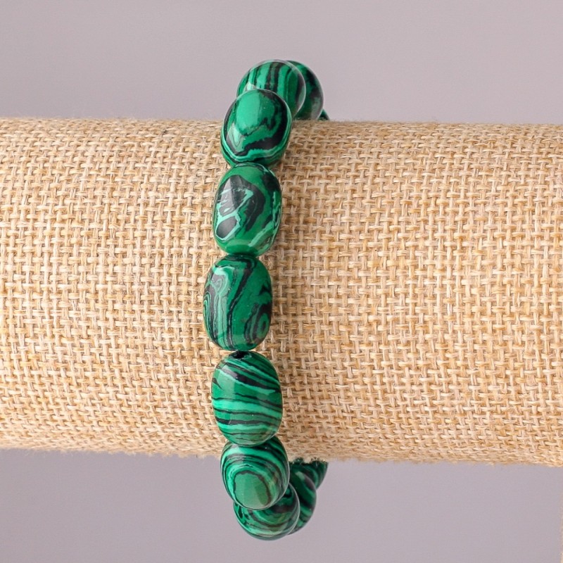 Malachite Barrel (Pressed) Bracelet on Elastic Band, 10x14mm, 18cm Length