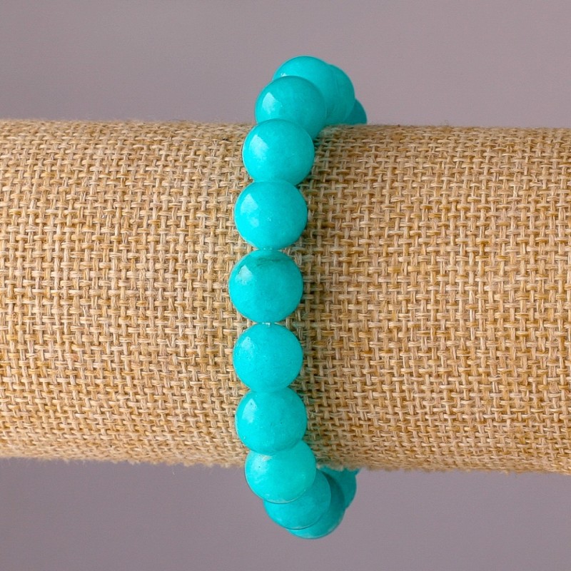 Aquamarine Bracelet on Elastic Band, Smooth Round Beads, 10mm Diameter, 18cm Circumference