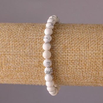 Cacholong Bracelet on Elastic Band, Smooth Round Beads, 6mm Diameter, 18cm Length