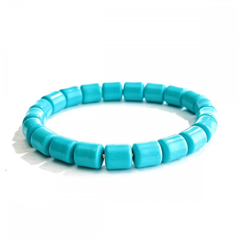 Blue Turquoise Bracelet on Elastic Band, Cylinder Stones 8.5x9mm(+/-)