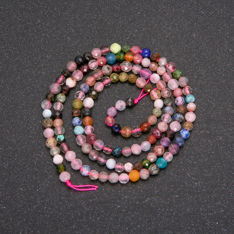 Beads on a String, Natural Assorted Stone Faceted Round, Diameter 3mm, Length 38cm