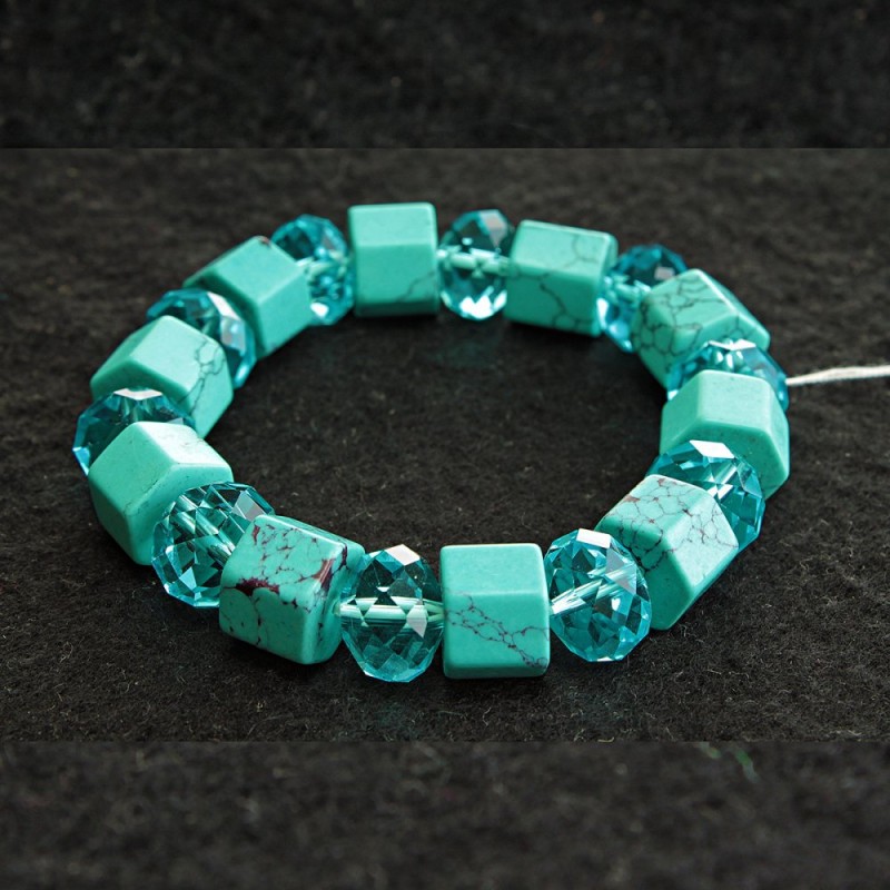 Blue Turquoise (Synthetic) Bracelet on Elastic with Veining & Czech Glass