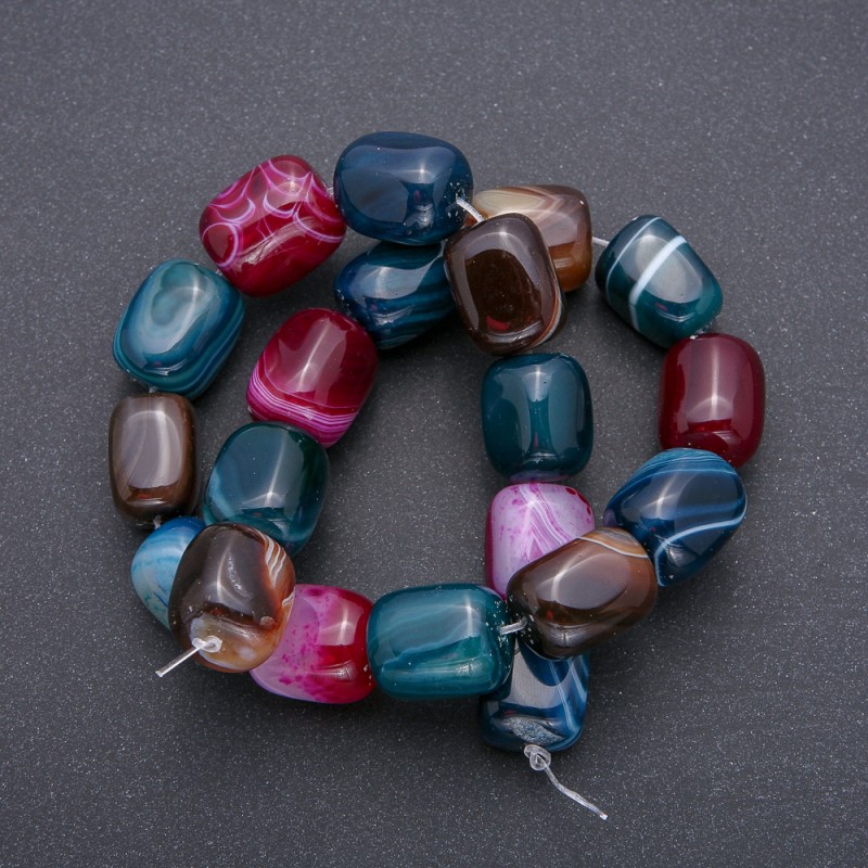 Colored agate beads on fishing line, faceted rectangular (slab) shape, 20x15 mm, length 38 cm (+/-)