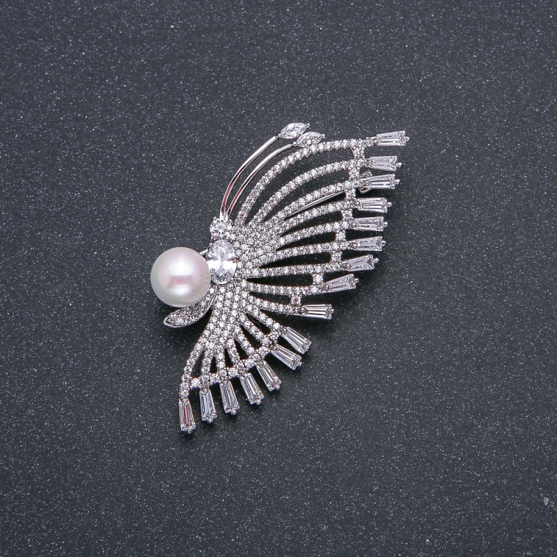 Xuping Rhodium Brooch with Pearl, Diameter 8mm +/-, White Stones and Rhinestones, 50x25mm +