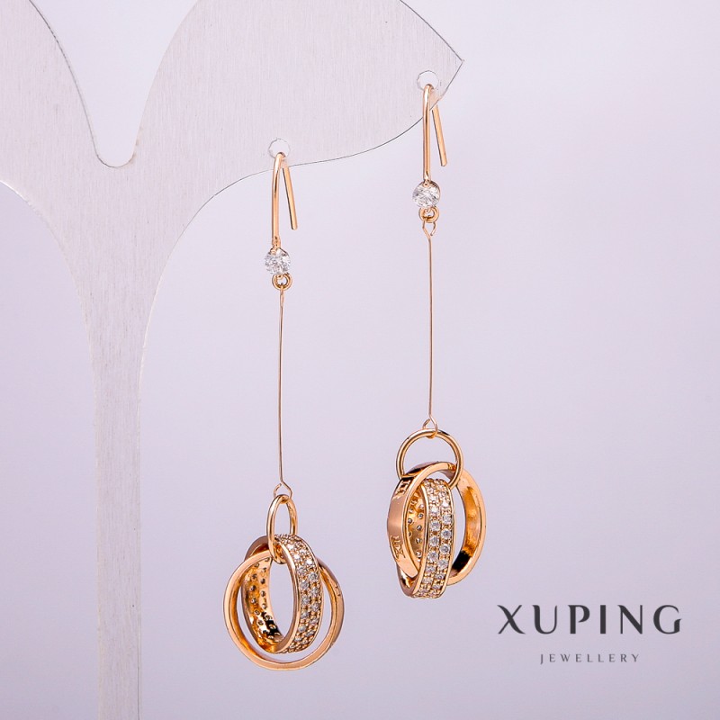Xuping Earrings, 18K Gold Plated with Stone and White Rhinestones, 58mm length +