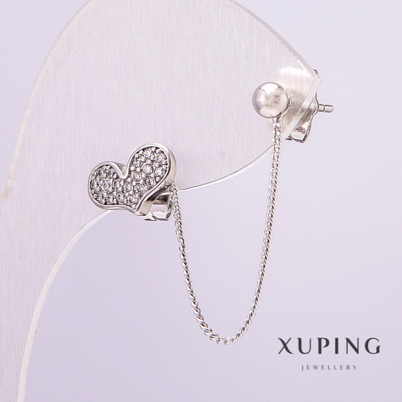Xuping Rhodium Single Earring, Heart 11x7mm with White Rhinestones on Chain, 44mm Length, 4mm Bead +