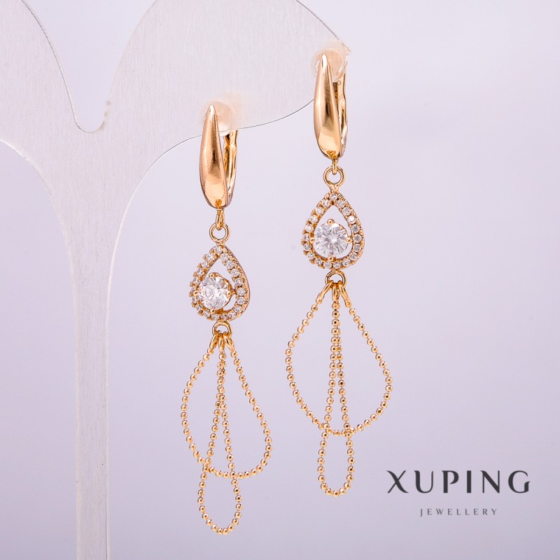 Xuping Earrings, 18K Gold Plated Teardrop with White Stones and Rhinestones, 9x12mm, Earring Length 64mm +