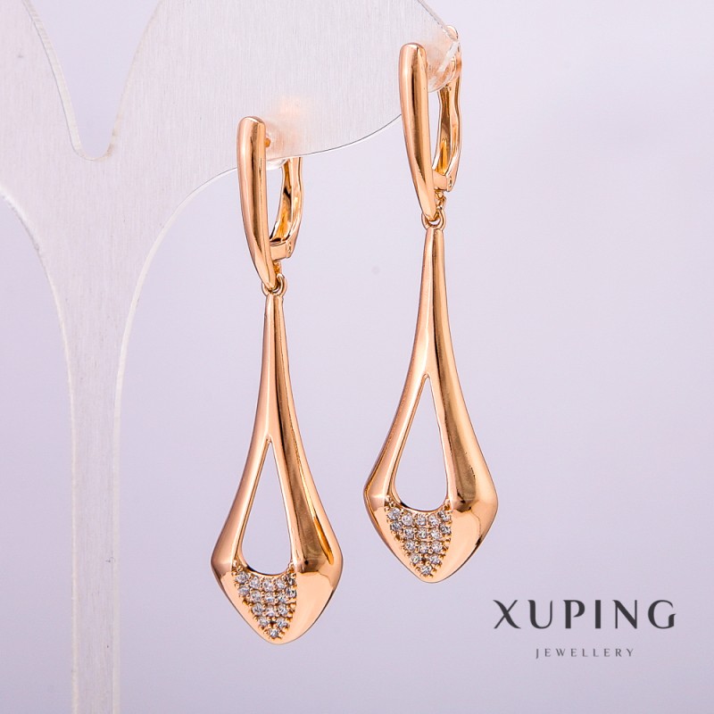 Xuping Earrings, 18K Gold Plated with White Rhinestones, 55x18x14mm +