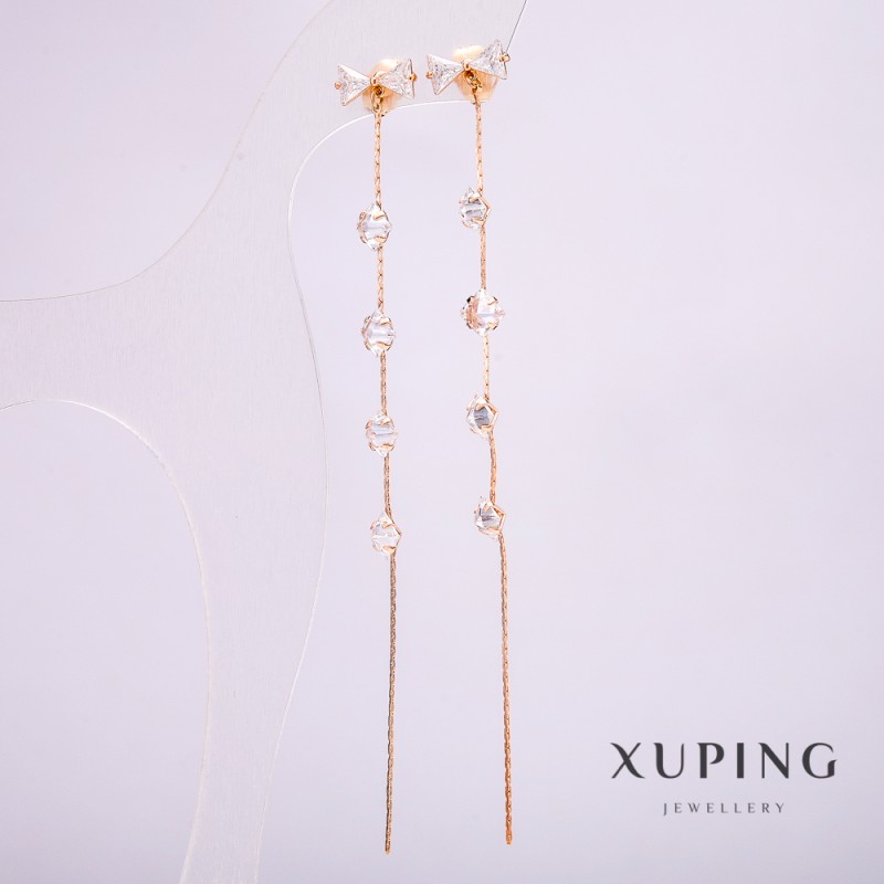 Xuping Earrings, 18K Gold Plated with White Stones, 5mm Diameter, 109mm Length +
