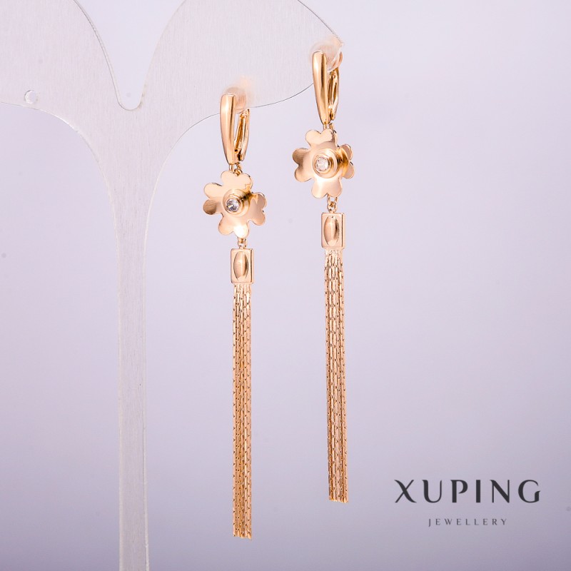 Xuping Earrings 18K Gold Plated with White Stones, 80mm+ Length