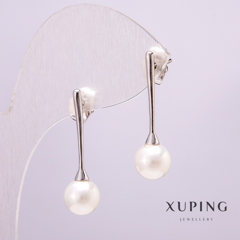 Xuping Rhodium Earrings with Pearl, 8mm Diameter, 28mm+ Length
