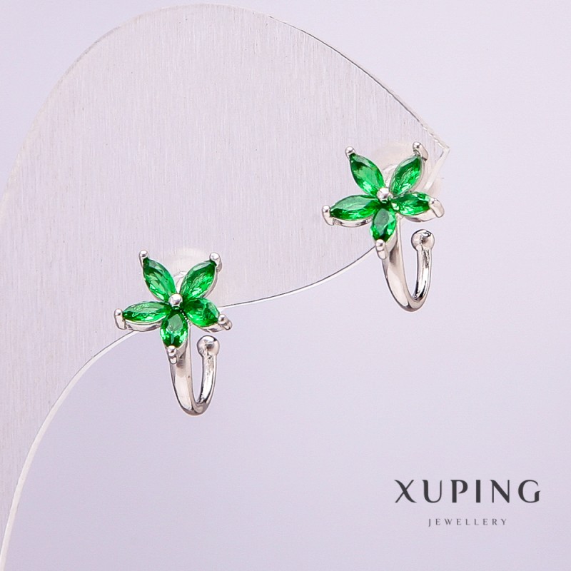 Xuping Rhodium Ear Cuff with Green Stones, 8mm+ Diameter