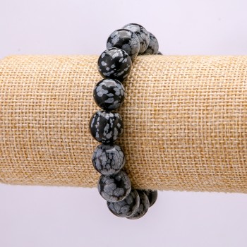 Natural Stone Bracelet, Snowflake Obsidian "Apache Tears", smooth round beads, diameter 12(+-)mm, length 18cm