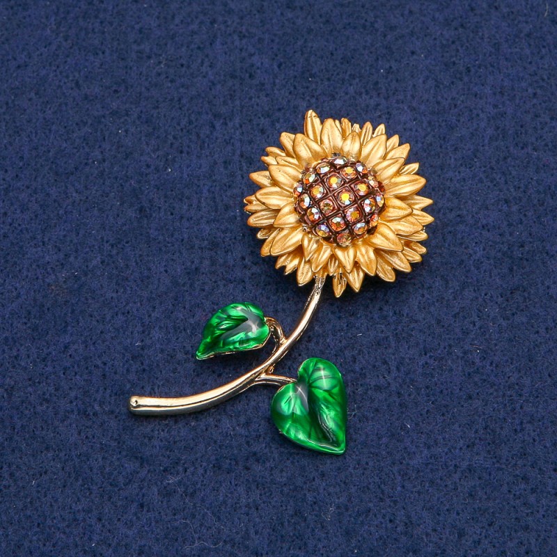 Sunflower Brooch, gold-tone metal with gold-tone petals and yellow chameleon rhinestones, 56x27mm +