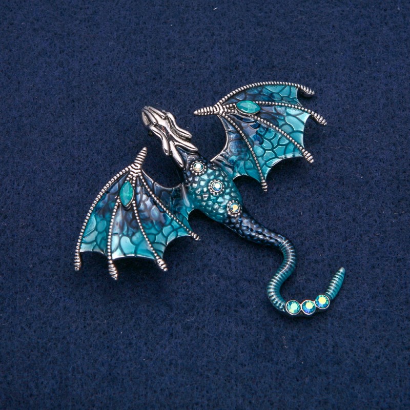 Brooch pendant Dragon silver-toned metal, blue enamel with blue and petrol rhinestones 70x63mm +