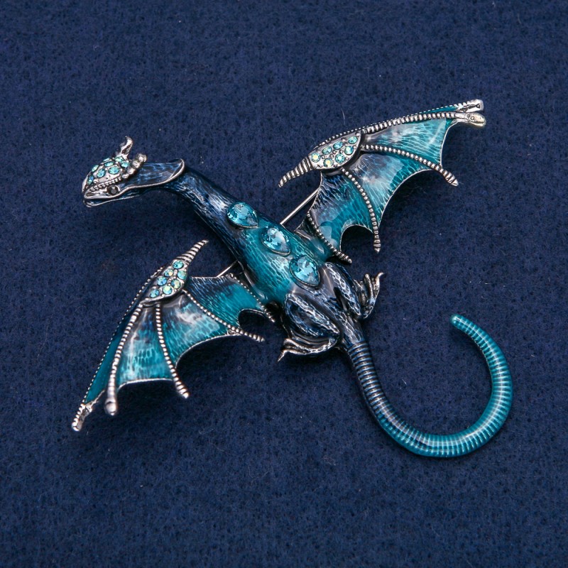 Dragon Brooch Pendant in Silver-Tone Metal with Blue Enamel and Blue Rhinestones 90x78mm +