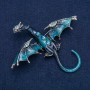 Dragon Brooch Pendant in Silver-Tone Metal with Blue Enamel and Blue Rhinestones 90x78mm +