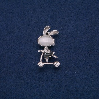Bunny on Scooter Brooch with White Rhinestones, silver-tone metal, black enamel, gray Cat's Eye cabochon, 43x21mm +