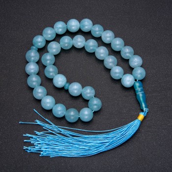 Natural Aquamarine Prayer Beads, 33 Beads, Smooth Round, Diameter ~12mm, Aquamarine Accent Bead