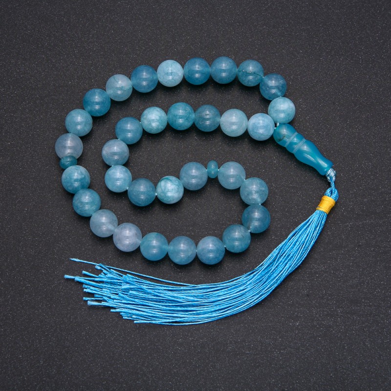 Natural Aquamarine Stone Prayer Beads, 33 Beads, Smooth Round, Diameter 10mm+/-, Aquamarine Accent
