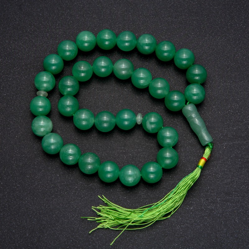 Natural Nephrite Prayer Beads, 33 Beads, Smooth Round, Diameter ~12mm, Nephrite Accent Bead