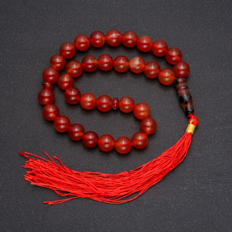 Natural Carnelian Prayer Beads, 33 Beads, Smooth Round, Diameter ~10mm, Carnelian Accent Bead