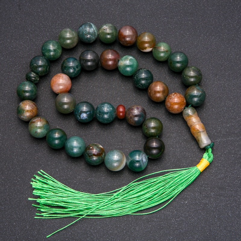 Natural Stone Prayer Beads, Green Jasper, 33 Beads, Smooth Round, 12mm Diameter +/- Green Jasper Accent Bead