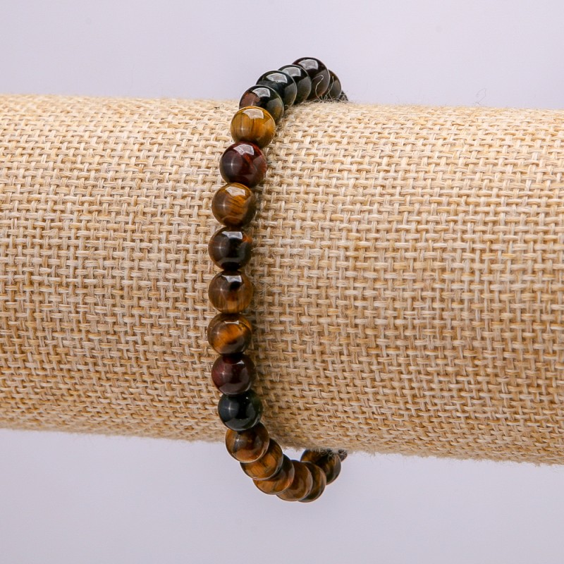 Elastic Bracelet with Natural Stones: Tiger Eye, Bull's Eye, Hawk's Eye, 18 cm, smooth beads 6 mm