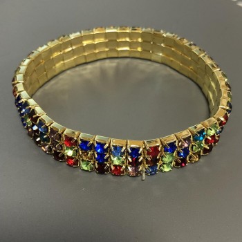 Rhinestone Bracelet on Elastic Band, Gold-Tone Metal, Multicolor Rhinestones