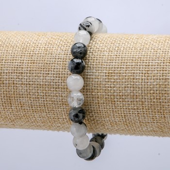 Natural Stone Bracelet on Elastic Band, Rutilated Quartz (Hair Quartz), diameter 8.5mm+/-, length 18cm+
