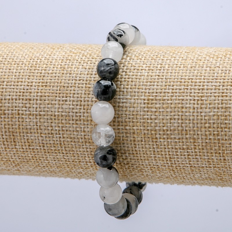 Natural Stone Bracelet on Elastic Band, Rutilated Quartz (Hair Quartz), diameter 8.5mm+/-, length 18cm+