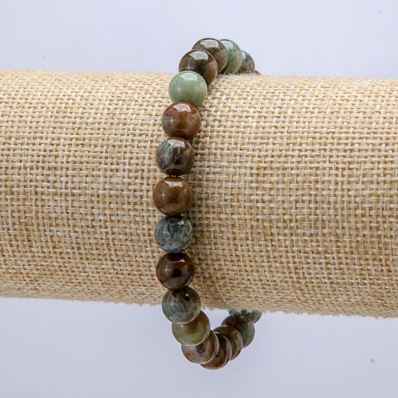 Natural Stone Bracelet on Elastic Band, Green Jasper Smooth Round Beads, diameter 8mm+/-, circumference 18cm